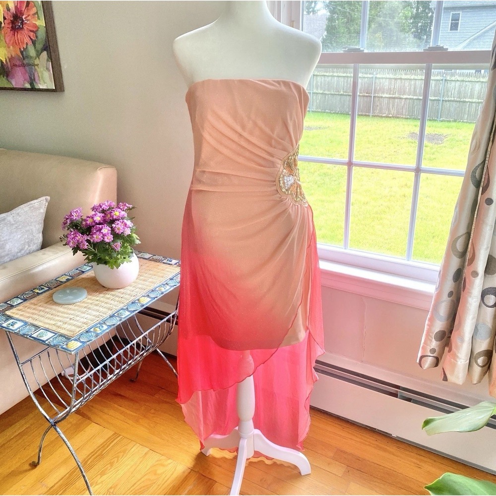 Y2K‎ Teeze Me Strapless Gradient Ombre Beaded Sequin Dress Pink Fairy Whimsical
